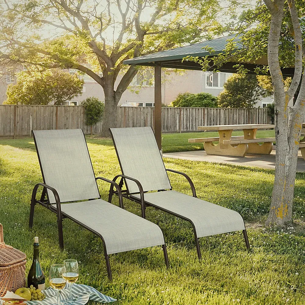 2PCS Adjustable Chaise Lounge Chair Recliner Patio Yard Outdoor w/ Armrest Grey