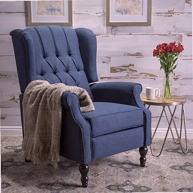 Dark Blue Tufted Fabric Wingback Recliner Club Chair Living Room Office Arm Rest