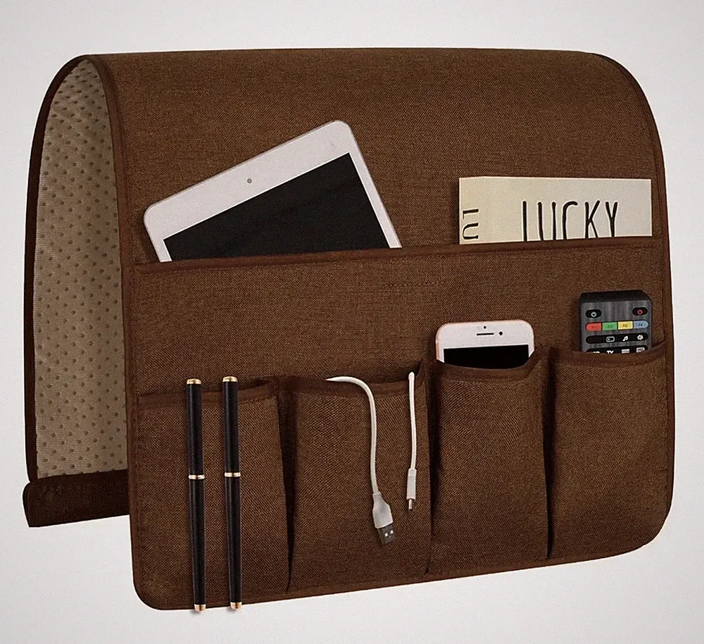 Flax Brown Arm Rest Organizer Remote Control Holder Recliner, Couch Multi Pocket