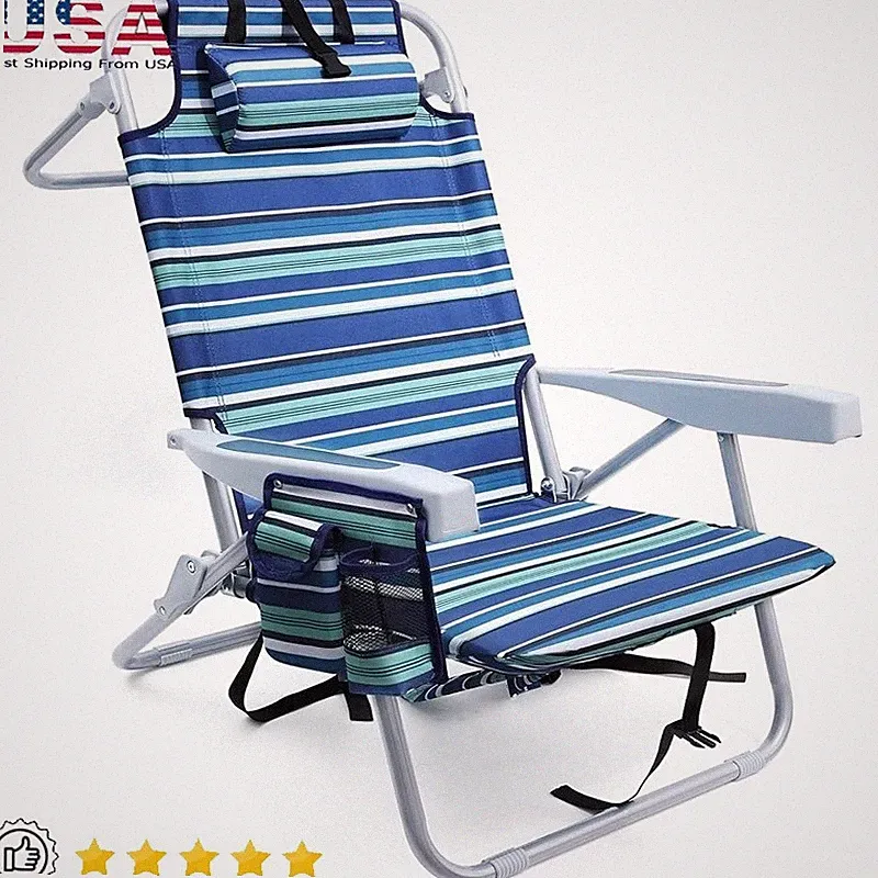 Folding Beach Chair W/ Cooler Pouch Ergonomic Adjustable Recliner Cup Holder New