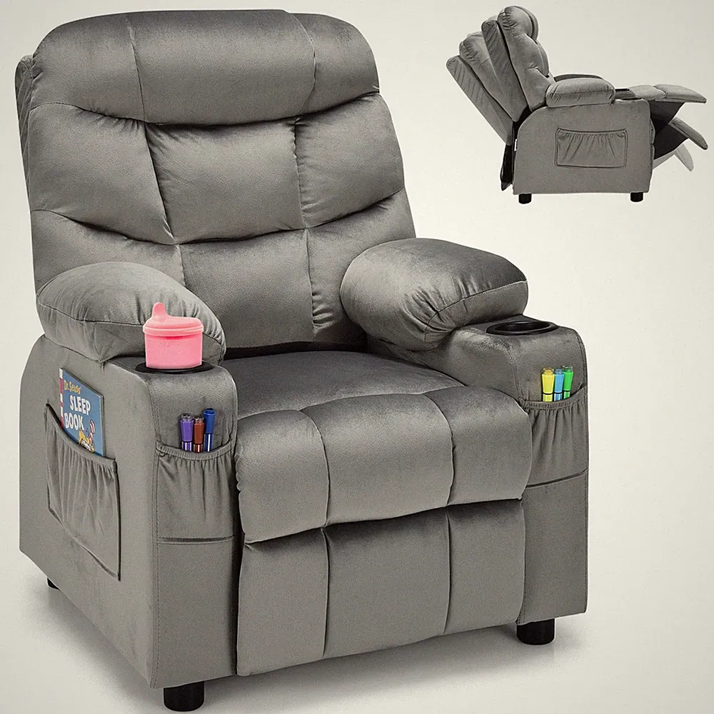 Honeyjoy Kids Youth Recliner Chair Velvet Fabric Armrest Sofa w/Cup Holder Grey