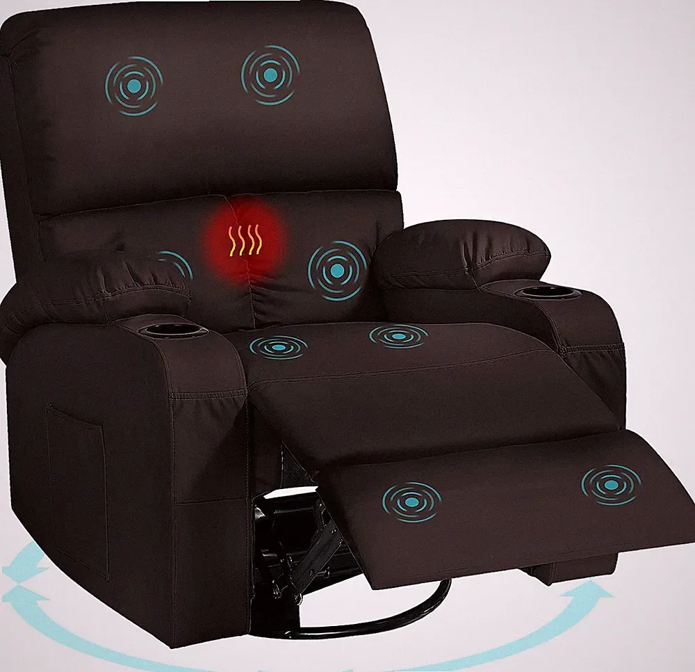 Massage Rocking Recliner Chair with Heat & 360° Swivel - Brown