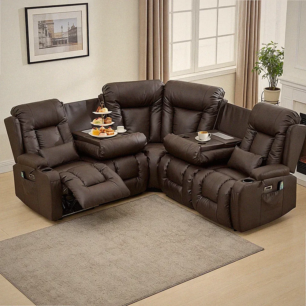 Power Loveseat Recliner Sofas with Corner&2 Convertible Backrest&USB&Outlets&LED