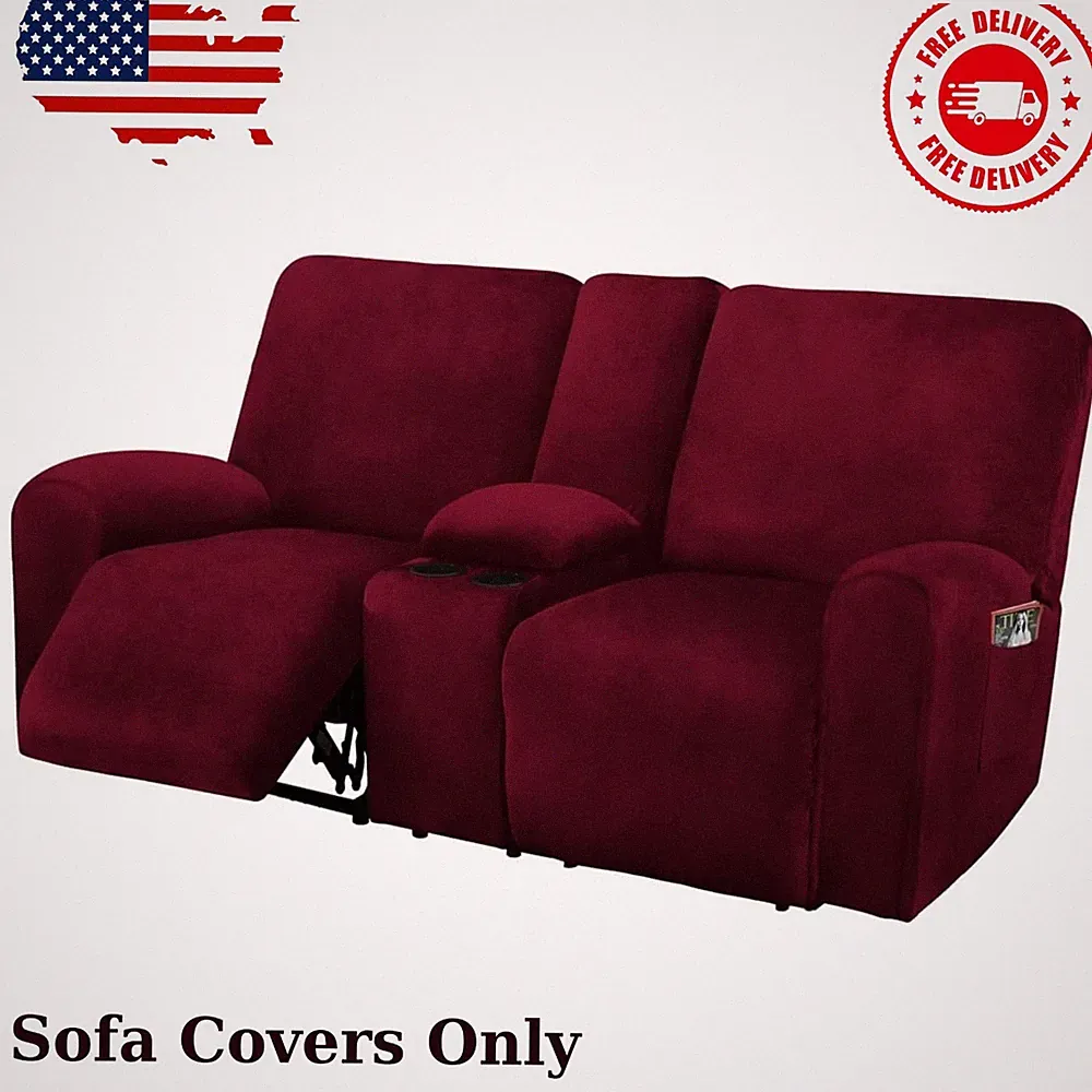 Reclining Love Seat with Middle Console Slipcover, 8-Piece Velvet Stretch...