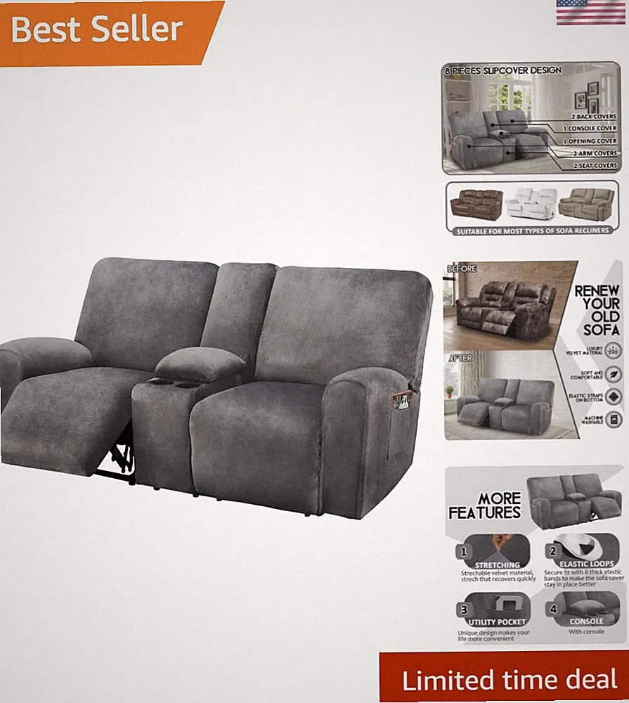 Reclining Loveseat with Middle Console Slipcover, 8-Piece Velvet Stretch Sofa...