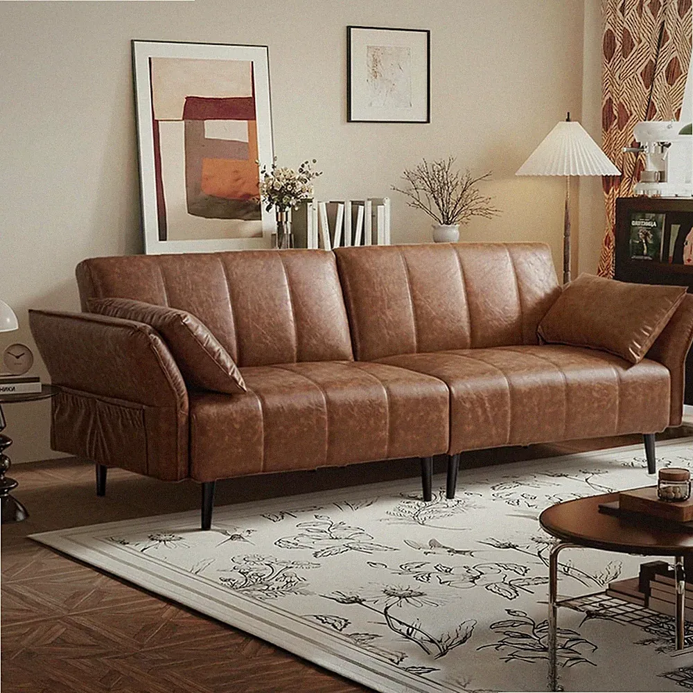 Retro Brown Leather Couch 3-in-1 Convertible Sofa Bed with Adjustable Backrest