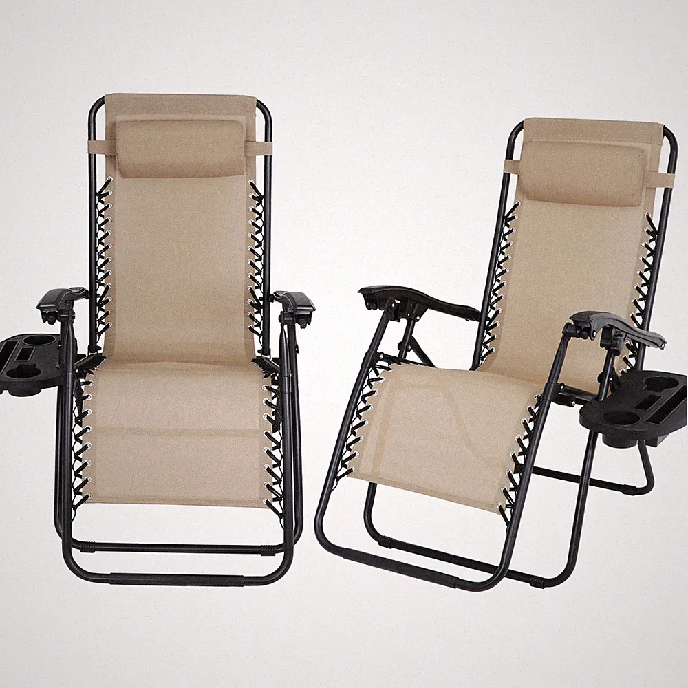 2x Zero Gravity Mesh Lounge Chair Beige Wider Armrest Adjustable w/ Cup Holder